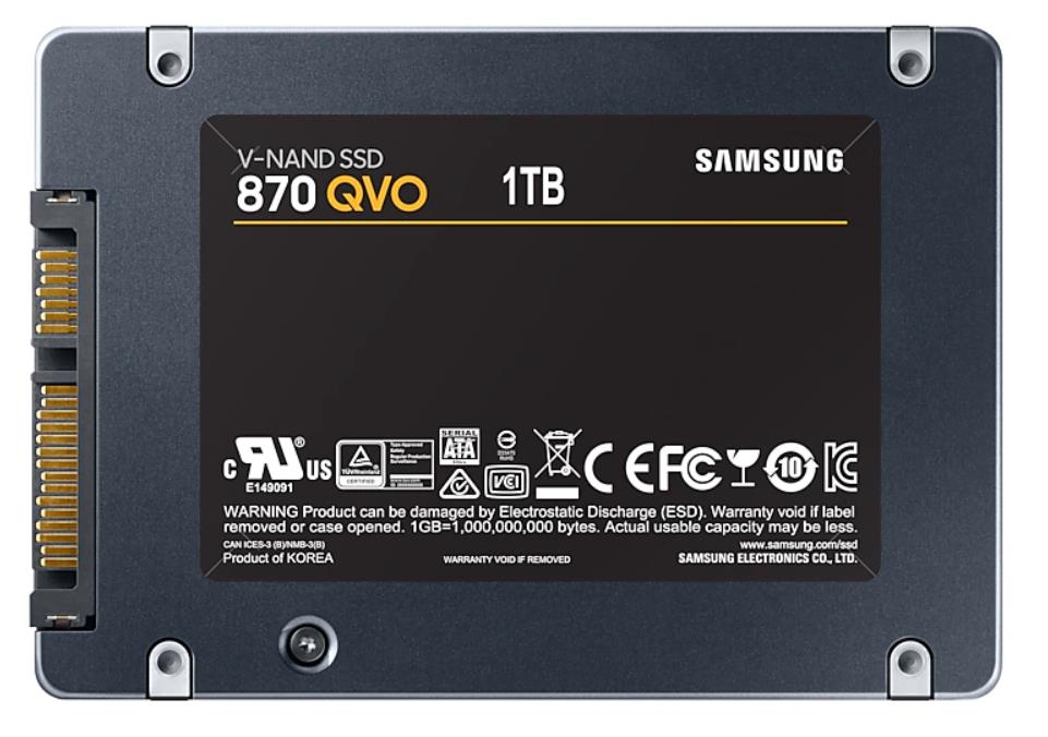SSD|SAMSUNG|870 QVO|1TB|Write speed 530 MBytes/sec|Read speed 560 MBytes/sec|2,5″|TBW 360 TB|MTBF 1500000 hours|MZ-77Q1T0BW